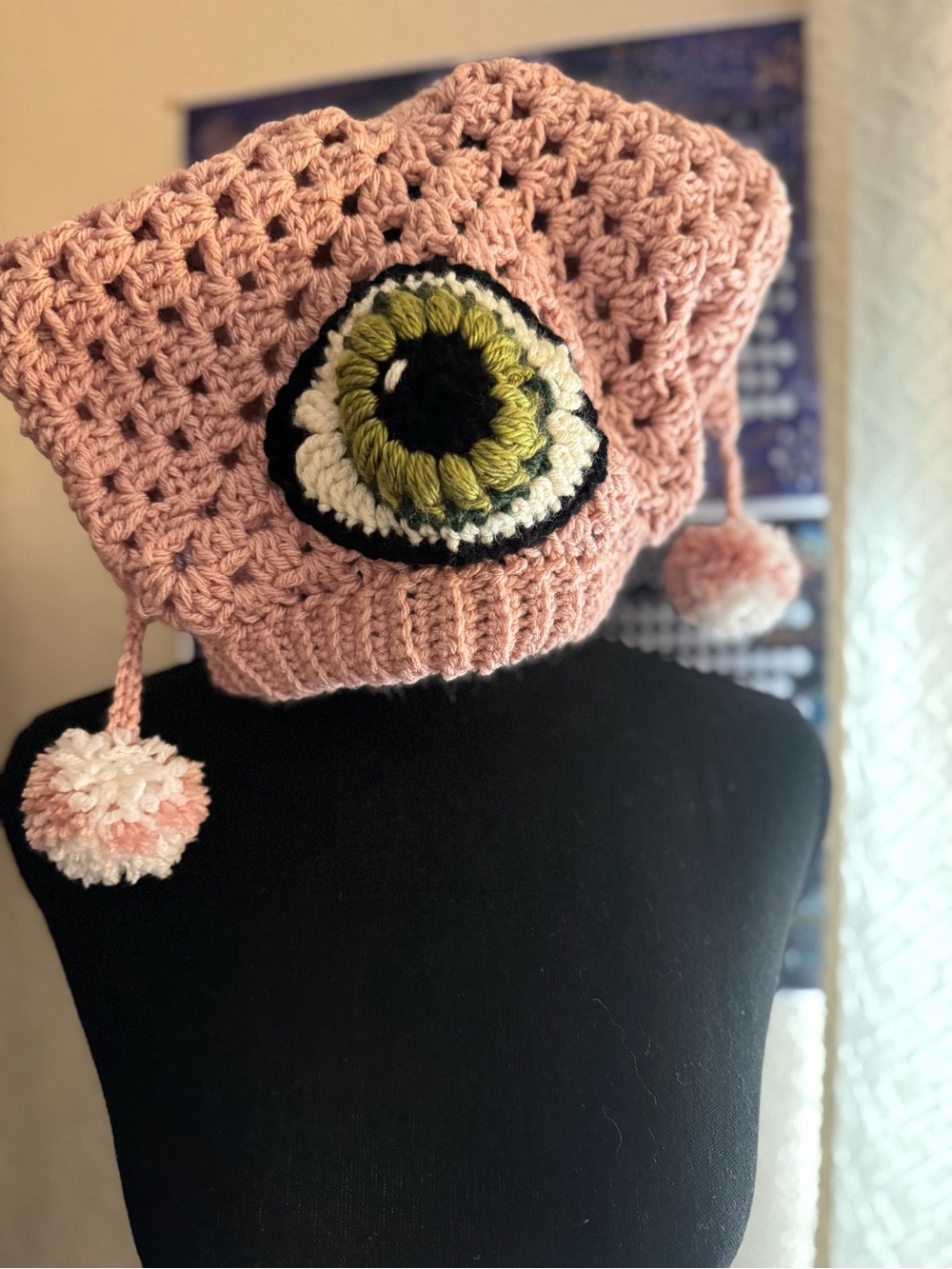 Handmade Pink Crochet Beanie with Green Eye Applique
